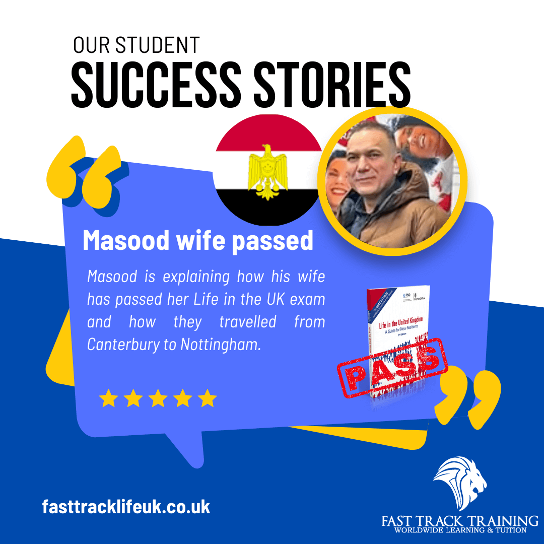 Masood has passed the LIfe in the UK test for his wife in 1 day